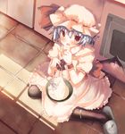 bat_wings blue_hair blush bowl cooking from_above ha_ru hat highres indoors kitchen messy oven pantyhose red_eyes remilia_scarlet short_hair slippers solo touhou wings wrist_cuffs 