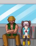  1girl beard blush brown_hair check_commentary commentary commentary_request crossed_arms double_bun facial_hair hat highres hiker_(pokemon) long_hair mei_(pokemon) mustache nishi_koutarou pantyhose pokemon pokemon_(game) pokemon_bw2 raglan_sleeves sitting sweat twintails vest visor_cap 