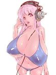  bikini breasts dodai_shouji female gigantic_breasts gradient gradient_background headphones highres long_hair nitroplus open_mouth pink_hair red_eyes sho~taro solo super_sonico swimsuit 