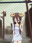  1girl bandage black_hair dream_demon eyepatch fence horns monster_girl pointy_ears red_eyes torn_clothes 