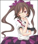  bad_id bad_pixiv_id brown_hair hat himekaidou_hatate long_hair marker_(medium) necktie one_eye_closed puffy_sleeves red_eyes s-syogo shikishi short_sleeves smile solo tokin_hat touhou traditional_media twintails white_background 