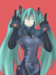  1girl bodysuit braid breasts creepy_smile crossover female green_eyes green_hair hair_ornament hair_ribbon happy hatsune_miku highres long_hair looking_at_viewer middle_finger muvluv muvluv_alternative ribbon simple_background smile transvaal_(artist) twintails vocaloid 