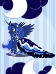  blue_hair crescent_moon crown dress equine female feral friendship_is_magic fur green_eyes hair horn jewelry mammal moon my_little_pony princess_luna_(mlp) shilokh shoes solo stars winged_unicorn wings 