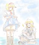  alice_margatroid angry bad_id bad_pixiv_id blonde_hair bloomers blush boots bow braid closed_eyes dress fuji_tsugu grin hair_bow hairband kirisame_marisa multiple_girls partially_submerged short_hair sitting skirt_hold smile squiggle touhou underwear water wet 