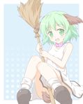  blush broom collar fang green_eyes green_hair kasodani_kyouko open_mouth shino_megumi short_hair sleeveless solo tail touhou 