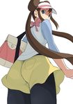  accio ass bad_id bad_pixiv_id blue_eyes bow bright_pupils brown_hair double_bun from_behind long_hair looking_back mei_(pokemon) pantyhose pokemon pokemon_(game) pokemon_bw2 raglan_sleeves shorts solo twintails visor_cap 