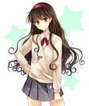  brown_eyes brown_hair copyright_request hagiwara_rin hairband hand_on_hip long_hair looking_at_viewer school_uniform skirt smile solo star sweater 