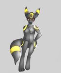  2011 black_sclera breasts canine claws digitigrade female fortuna grey_background nipples nude plain_background pok&eacute;mon pok&eacute;morph pussy red_eyes sitting solo umbreon 