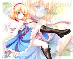  aka_tawashi alice_margatroid blonde_hair blue_eyes boots brown_footwear capelet character_name combat_boots cross-laced_footwear frills hairband highres lace-up_boots puffy_sleeves sash short_hair short_sleeves solo touhou 