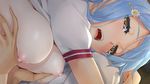  1girl bishoujo_mangekyou blue_hair breast_grab game_cg grabbing happoubi_jin sawatari_shizuku sweat 