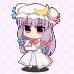  b.leaf blush checkered checkered_background chibi crescent crossed_arms dress hat long_hair patchouli_knowledge purple_eyes purple_hair ribbon solo touhou 