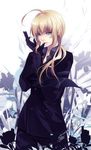  ahoge artoria_pendragon_(all) biting blonde_hair business_suit domco fate/zero fate_(series) formal glove_biting gloves green_eyes long_hair mouth_hold pant_suit ponytail saber solo suit 