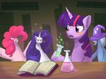  annoyed book equine fail female feral friendship_is_magic group hat horn horse mammal my_little_pony pinkie_pie_(mlp) poison pony rarity_(mlp) shrunk trixie_(mlp) twilight_sparkle_(mlp) unicorn what_has_science_done wizard_hat 