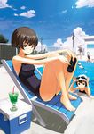  bare_legs bare_shoulders barefoot black_hair blue_eyes blue_sky chair cloud competition_school_swimsuit cooler day drink drinking_straw feet feet_on_chair fence goggles goggles_on_head handheld_game_console ice lens_flare looking_at_viewer lounge_chair maeda_risou multiple_girls one-piece_swimsuit original outdoors partially_submerged perspective playstation_portable pool poolside power_lines school_swimsuit shadow short_hair sitting sky soaking_feet swim_cap swimming swimsuit telephone_pole transformer 