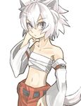  androgynous animal_ears bad_id bad_pixiv_id bare_shoulders belt flat_chest hand_on_hip inubashiri_momiji long_sleeves looking_at_viewer midriff navel nexs_(akl) no_hat no_headwear no_shirt sarashi simple_background solo tail touhou white_background wide_sleeves wolf_ears wolf_tail 