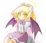  1girl alternate_hairstyle bat_wings blonde_hair blush bow cop_(shokkidana) hair_ribbon kurumi_(touhou) open_mouth ponytail purple_wings ribbon short_hair short_sleeves simple_background skirt solo suspenders touhou touhou_(pc-98) white_background wings yellow_eyes 