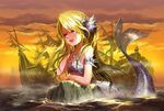  armlet blonde_hair broken cloud debris fangs hand_on_own_face jewelry long_hair mermaid monster_girl necklace open_mouth original red_eyes ship shipwreck solo torn twilight ume_(illegal_bible) water watercraft 