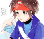  blue_eyes bottle brown_hair drawr holding kyouhei_(pokemon) male_focus open_mouth pokemon pokemon_(game) pokemon_bw2 shibaduke solo visor_cap water 