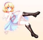  aka_tawashi alice_margatroid blonde_hair blue_eyes boots breasts brown_footwear capelet combat_boots cross-laced_footwear dress hairband highres lace-up_boots medium_breasts nipples no_bra no_panties sash see-through short_hair solo touhou 
