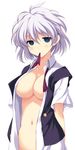  bad_id bad_pixiv_id blue_eyes breasts kosegawa_shiromi large_breasts lavender_hair miyamori_school_uniform mouth_hold navel no_bra odawara_hakone open_clothes ribbon saki short_hair simple_background solo white_background 