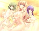  3girls blonde_hair green_hair helgarose_von_falkenmayer ilfriede_von_feulner lunateresia_von_wizleben muv-luv muv-luv_alternative nude purple_hair wet 