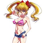  bad_anatomy bad_id bad_pixiv_id bikini_top blonde_hair blue_eyes bow breasts cameltoe covered_nipples cutoffs daikuuji_ayu denim denim_shorts fang hair_bow highres inagaki kimi_ga_nozomu_eien large_breasts long_hair midriff open_fly open_mouth sharp_teeth short_shorts shorts solo strap_gap teeth thumbs_down tight twintails unzipped 