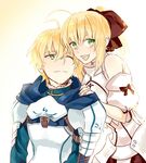  1girl :d ahoge armor armored_dress arthur_pendragon_(fate) artoria_pendragon_(all) bad_id bad_pixiv_id blonde_hair bow buun_ko detached_sleeves fate/prototype fate/stay_night fate/unlimited_codes fate_(series) green_eyes hair_bow hand_on_another's_shoulder long_hair one_eye_closed open_mouth ponytail saber saber_lily short_hair smile 