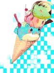  blush checkered checkered_background cherry creature food fruit gen_3_pokemon gen_5_pokemon gii_(artist) gulpin ice_cream munna no_humans pokemon pokemon_(creature) spheal spoon tegaki 