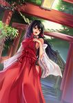  :d absurdres bare_shoulders breasts brown_eyes detached_sleeves hair_tubes highres large_breasts leotard long_hair m.u.g.e.n open_mouth original rope sendai_hakurei_no_miko shimenawa sideboob smile solo stairs torii touhou xiamianliele 