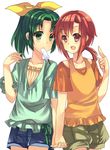  :o blush food food_in_mouth green_eyes green_hair green_shirt hatano_h hino_akane_(smile_precure!) holding_hands midorikawa_nao mouth_hold multiple_girls open_mouth orange_shirt ponytail popsicle precure red_eyes red_hair shirt short_hair shorts smile_precure! white_background 