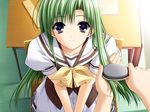  desk game_cg green_hair hair_brush hair_brushing long_hair purple_eyes really?_really! school_uniform shigure_asa shuffle! smile solo suzuhira_hiro 