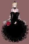  blonde_hair bride dark_bride dress flat_chest flower long_hair looking_at_viewer original purple_eyes red_flower red_rose rose sad solo sudachips wedding_dress 