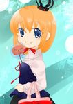  aqua_background artist_request bag blue_eyes candy crown dress food handbag lollipop orange_hair pumpkin short_hair smile solo umineko_no_naku_koro_ni ushiromiya_maria 