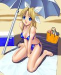  :d a1 barefoot beach beach_towel beach_umbrella bikini blonde_hair blue_bikini blue_eyes bow breasts cooler covered_nipples day fang hair_bow long_hair medium_breasts miyauchi_lemmy non-web_source open_mouth side-tie_bikini sidelocks sitting smile solo swimsuit to_heart towel umbrella v_arms wariza 