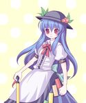  blue_hair blush dress flat_chest food fruit hat hinanawi_tenshi long_hair miyoshi peach red_eyes ribbon solo sword sword_of_hisou touhou weapon 