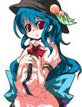 alphes_(style) bad_id bad_pixiv_id blue_hair food fruit hat hinanawi_tenshi long_hair open_mouth parody peach ph. red_eyes ribbon solo style_parody touhou 