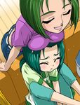  akimoto_komachi akimoto_madoka blush breast_rest breasts breasts_on_head closed_eyes couch denim green_hair haruyama_kazunori jeans large_breasts multiple_girls pants precure short_hair yes!_precure_5 