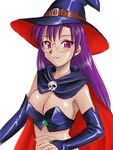  :3 arm_warmers belt breasts cape cleavage copyright_request earrings ebifly elbow_gloves glasses gloves hat jewelry large_breasts purple_eyes purple_hair skull solo witch witch_hat 