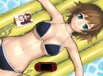  afloat armpits asahina_mikuru bikini black_bikini blue_eyes breasts brown_hair cleavage from_above handheld_game_console inflatable_raft k+ large_breasts light_smile looking_at_viewer lying manga_(object) midriff navel on_back original outstretched_arms playstation_portable pool short_hair side-tie_bikini solo spread_arms suzumiya_haruhi_no_yuuutsu swimsuit underboob water wet 