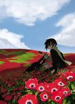  achi_dyna androgynous anemone_(flower) cloud coat day flower ground_vehicle hermes kino kino_no_tabi motor_vehicle motorcycle outdoors reverse_trap short_hair sitting sky solo 