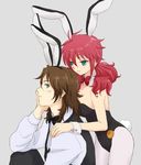  1girl animal_ears bunny_ears bunnysuit feldt_grace green_eyes gundam gundam_00 lockon_stratos pantyhose pink_hair plum_(arch) red_hair 