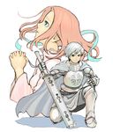  1girl armor blue_eyes copyright_request jewelry k+ necklace pink_hair sword weapon white_hair 