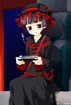  black_eyes brown_hair character_request handheld_game_console hat noto_(soranoto) open_mouth original playstation_portable short_hair sitting solo 