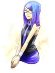  bezi blue_hair copyright_request glasses multicolored_hair necktie pencil_skirt shirt skirt sleeveless sleeveless_shirt solo two-tone_hair yellow_eyes 