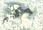  ankle_ribbon aqua_hair flower hatsune_miku lily_(flower) long_hair lying nagareboshi no_bra on_side open_clothes open_shirt ribbon shirt smile solo vocaloid 