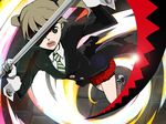  blonde_hair green_eyes jumping maka_albarn necktie open_mouth sanae_(satansanae) scythe solo soul_eater 