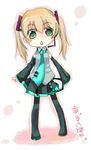  bad_id bad_pixiv_id blonde_hair boots chibi cosplay detached_sleeves green_eyes hatsune_miku hatsune_miku_(cosplay) kuta_(maka) long_hair lowres maka_albarn microphone necktie skirt solo soul_eater thigh_boots thighhighs twintails vocaloid 