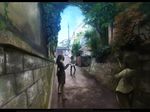  2girls alley bad_id bad_pixiv_id bag building chitose_rin city cityscape cloud day faux_traditional_media grass landscape letterboxed multiple_girls original scenery shopping sky spring_onion tree 