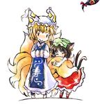  animal_ears blonde_hair brown_hair cat_ears cat_tail chen earrings fox_tail gap happy hat jewelry long_sleeves lowres micha_(futako) multiple_girls multiple_tails pillow_hat short_hair tail tail_hug tassel touhou white_background wide_sleeves yakumo_ran yakumo_yukari 