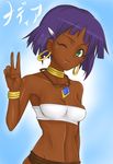  bandeau_bikini bracelet dark_skin earrings fanart fushigi_no_umi_no_nadia green_eyes jewelry midriff nadia neck_ring necklace purple_hair ribs short_hair skinny tube_top tubetop v wink 